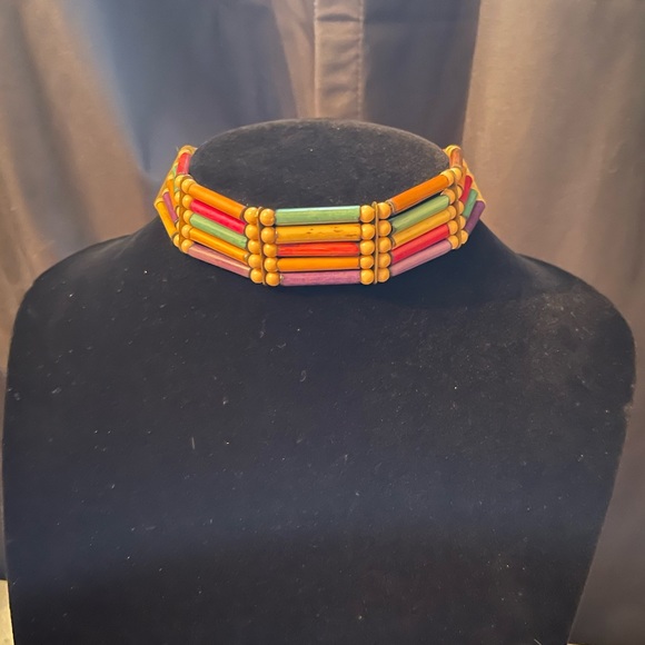 Multi Coloured Tribal Wood Beaded Choker Necklace - Picture 1 of 5
